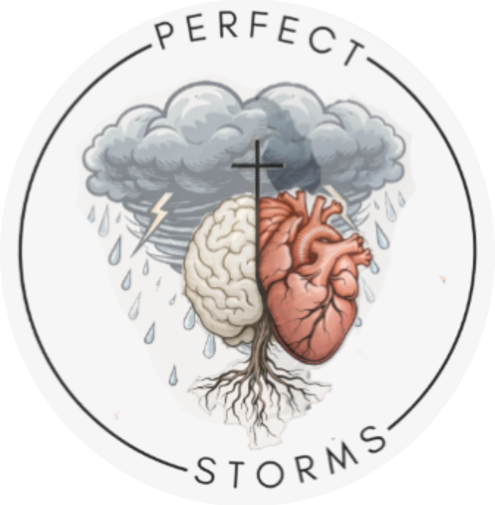 Perfect Storms logo featuring a storm cloud, cross, brain, heart, rain, and roots
