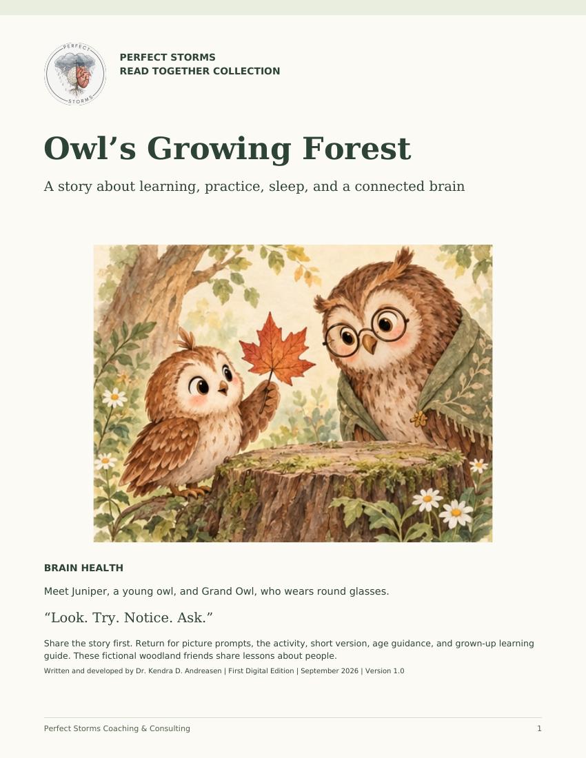 Cover of Owl's Growing Forest showing a young owl holding up a red maple leaf for an older owl wearing round glasses