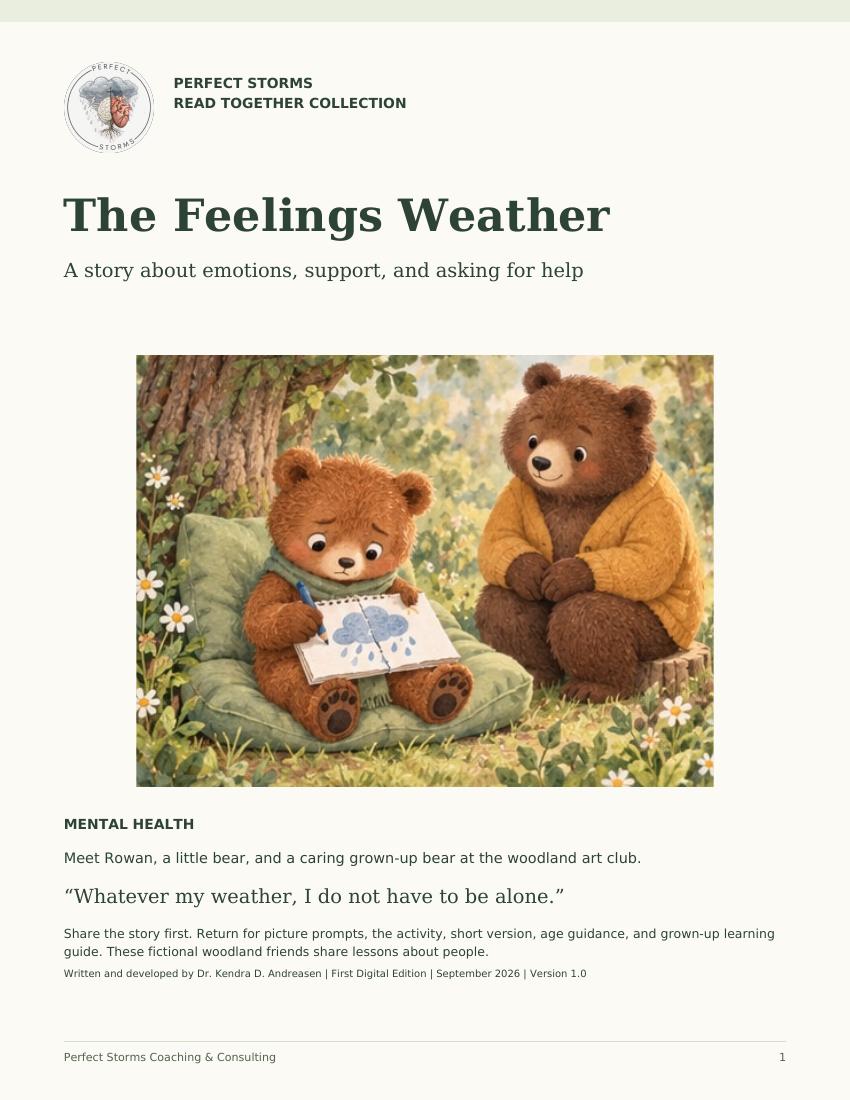 Cover of The Feelings Weather showing a young bear drawing blue rainclouds while an adult bear sits nearby in a woodland clearing