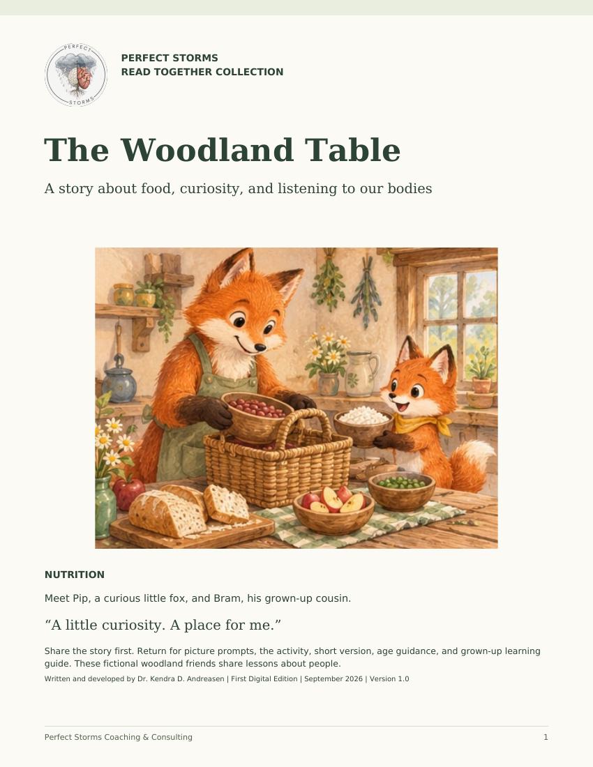 Cover of The Woodland Table showing an adult fox and a young fox packing a picnic basket in a woodland kitchen