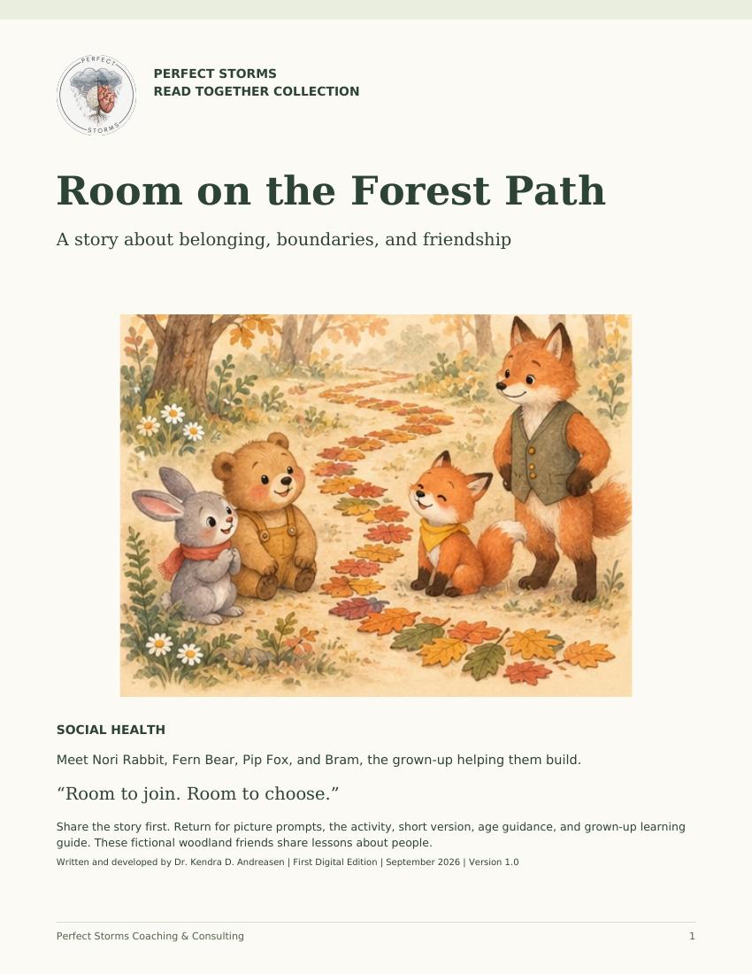 Cover of Room on the Forest Path showing a rabbit, young bear, young fox, and adult fox beside a winding path of autumn leaves