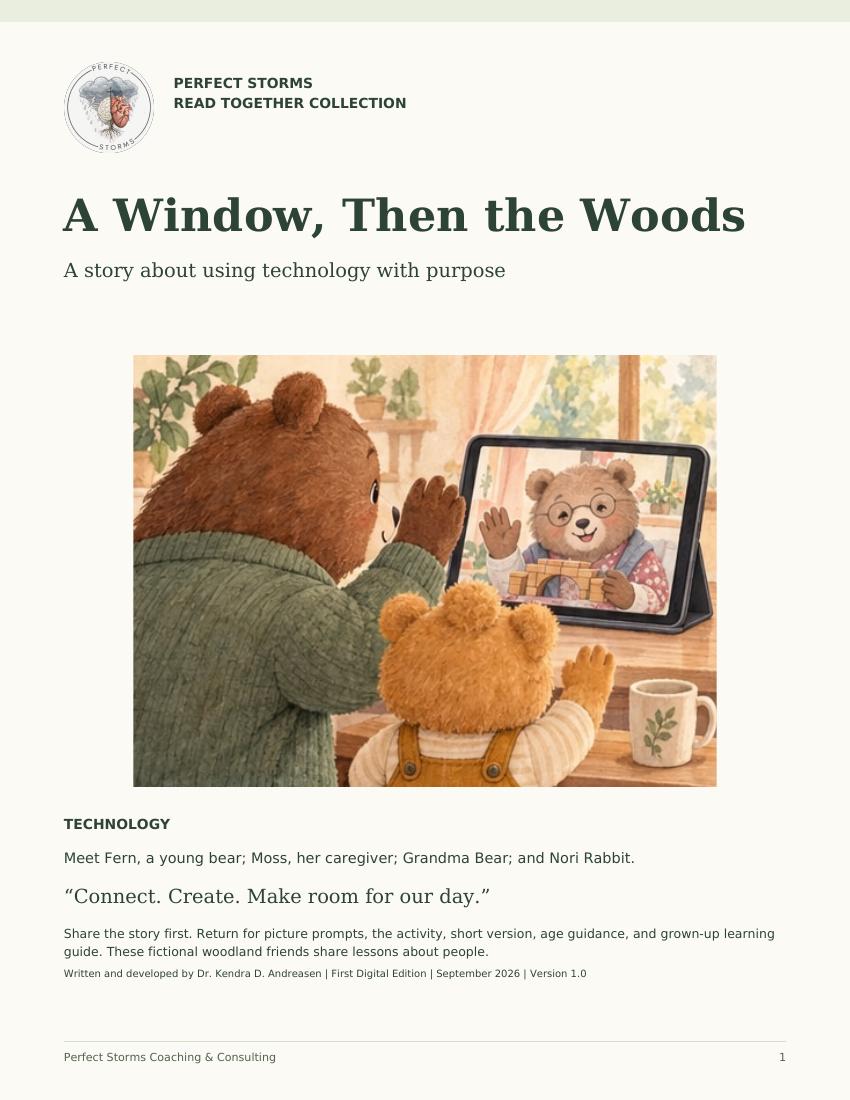 Cover of A Window, Then the Woods showing a young bear and an adult bear video-calling an older bear who holds a small wooden bridge