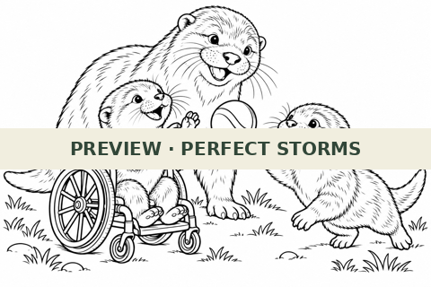 Black-and-white inclusive otter family movement coloring page preview
