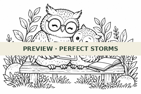 Black-and-white owl caregiver and child learning coloring page preview