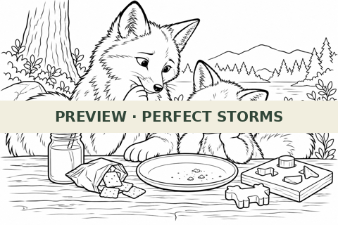 Black-and-white fox family nourishment coloring page preview