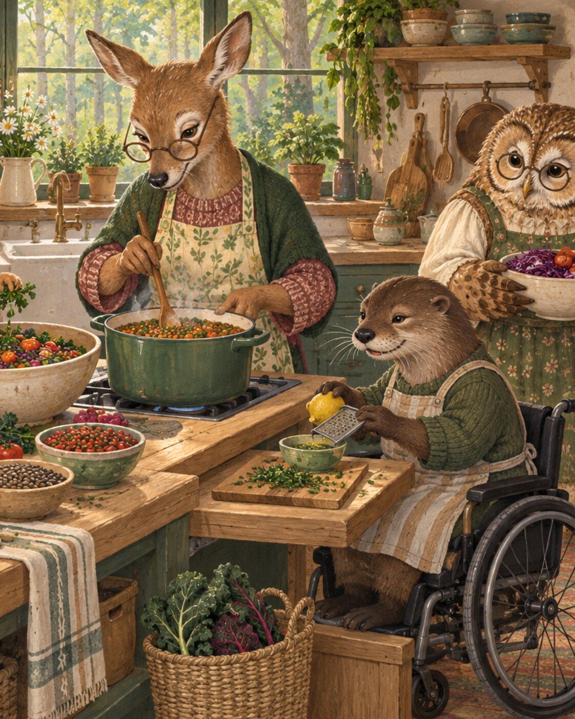 A varied multigenerational woodland family preparing a colorful meal together in an accessible, nature-filled kitchen