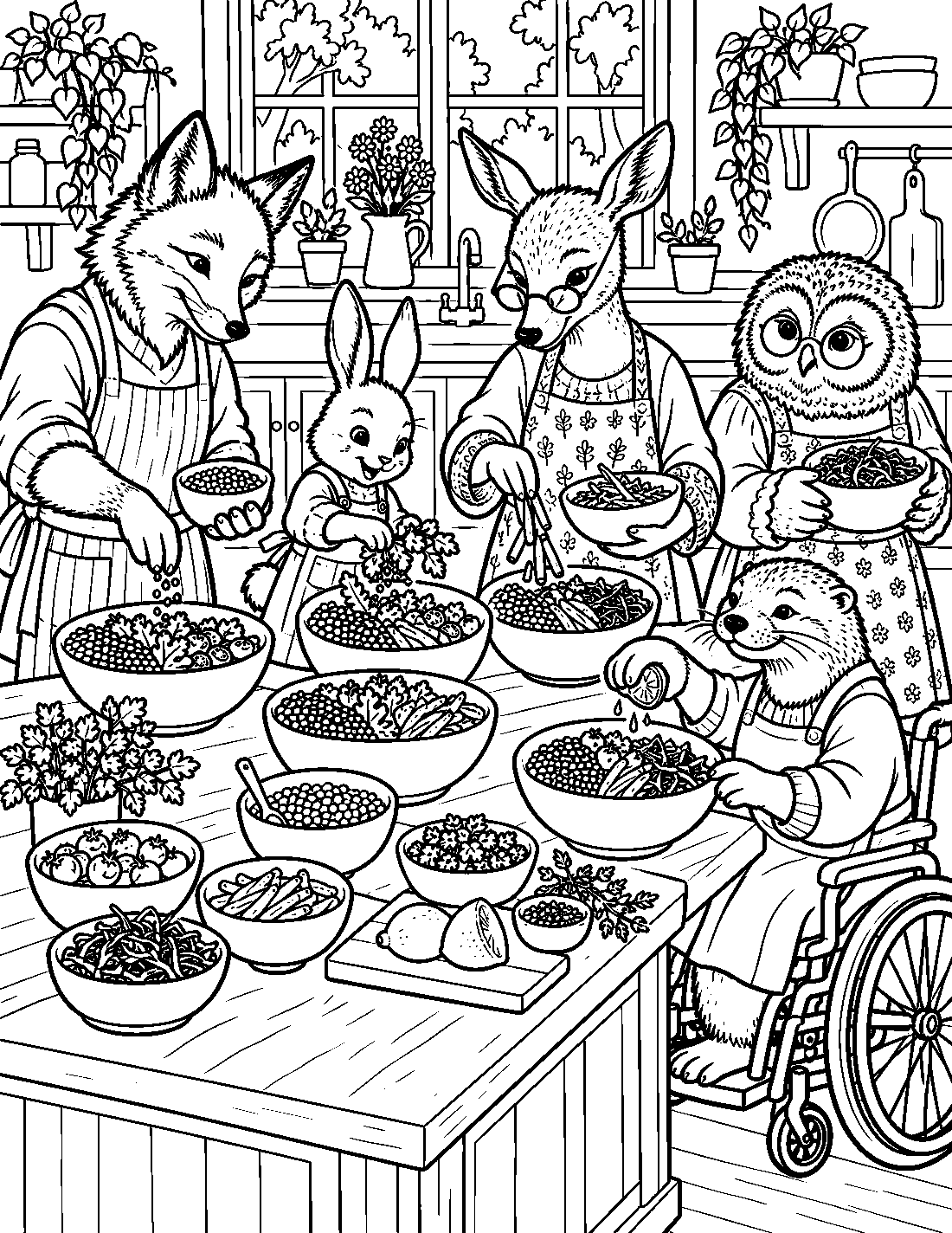 Black-and-white woodland family coloring activity for the Rainbow Lentil Taco Bowl recipe
