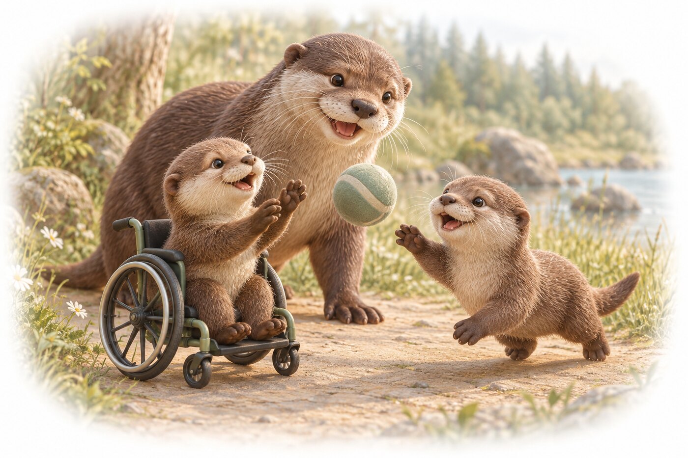 Inclusive otter family playing in a woodland setting
